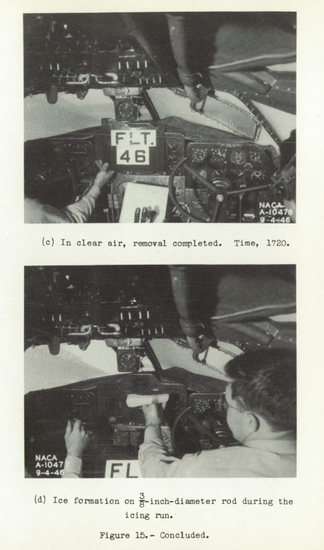 Figure 15. Windshield of C-46 airplane during icing condition 9,
table I, showing removal of ice accretions from the electrically
heated flush panel, right side, and the external discharge area,
left side.